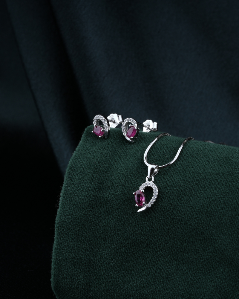 Silver Pendant Set with Red Stone