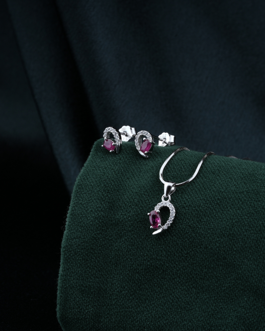 Silver Pendant Set with Red Stone